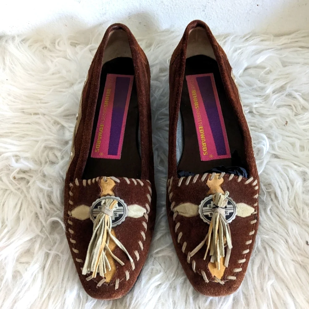 Vintage Susan Bennis Warren Edwards Suede Embroidered Tassel Beaded Loafers 7